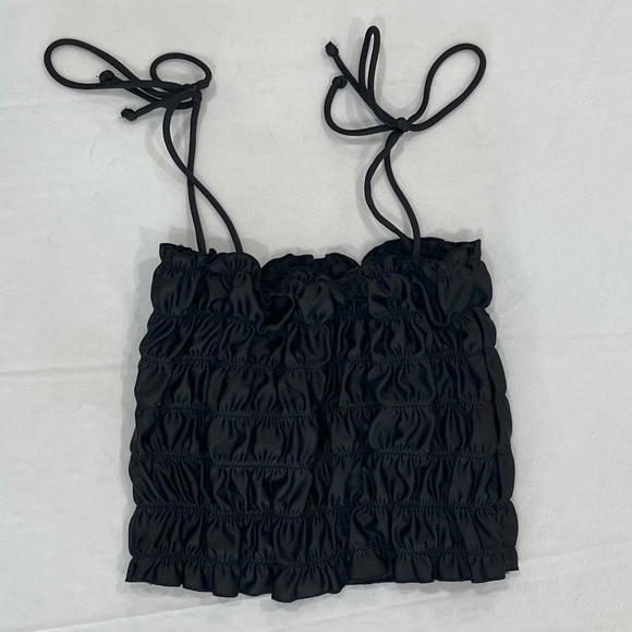 Out From Under by UO | Satin Ruched Tie-Shoulder Tank in Black (S) - Picture 1 of 6